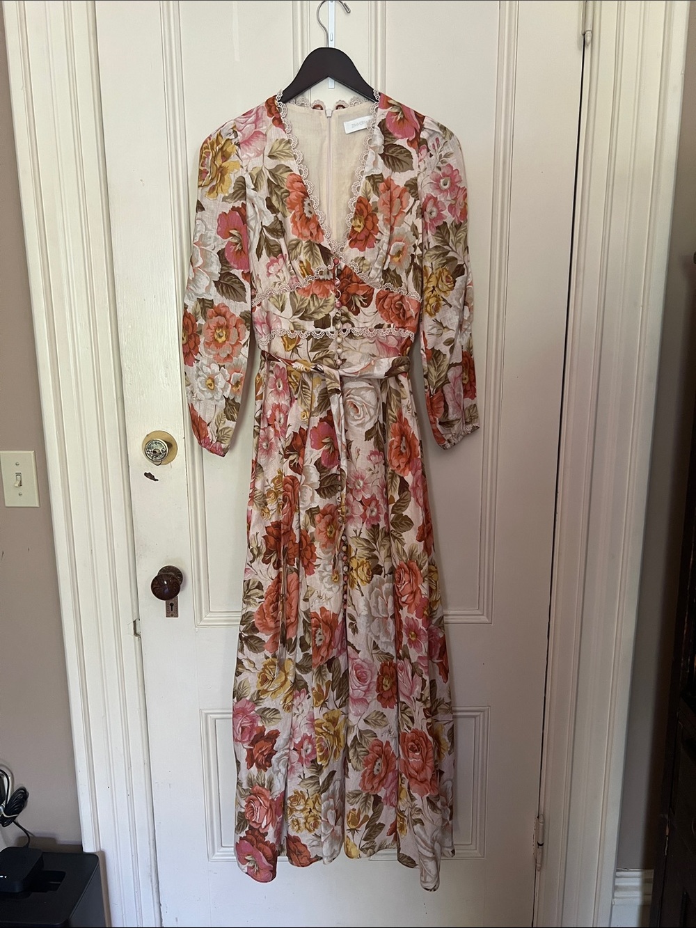 Zimmermann Floral Wrap Maxi Dress in Pink, Cream & Green